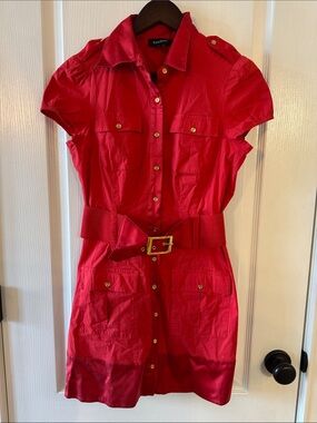 bebe Red Collared Shirt Dress with Belted Waist